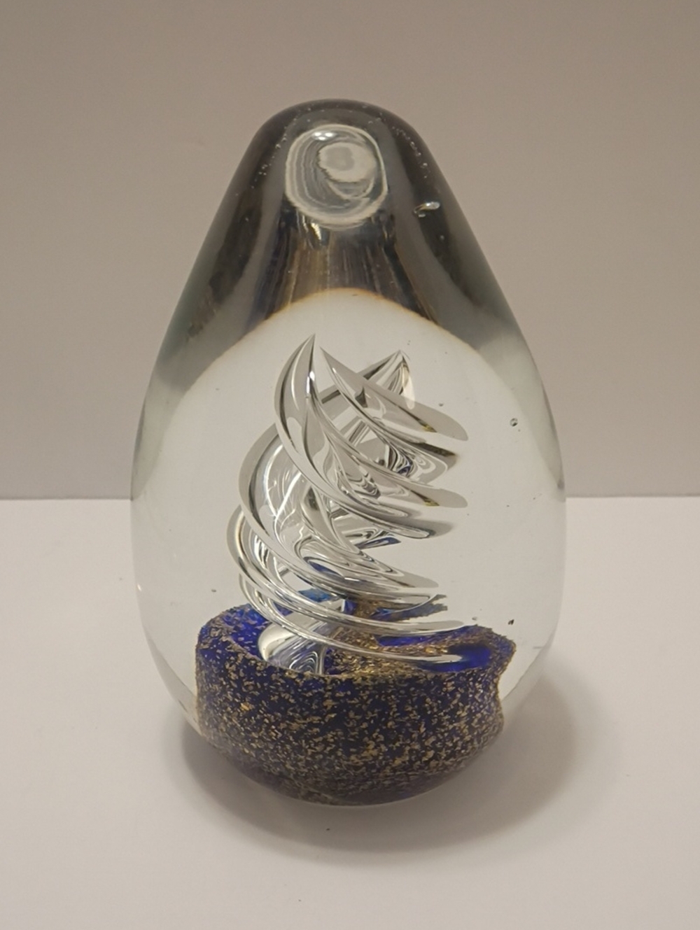 Murano Clear Glass Art Paperweight with Silver Spiral and Blue Base